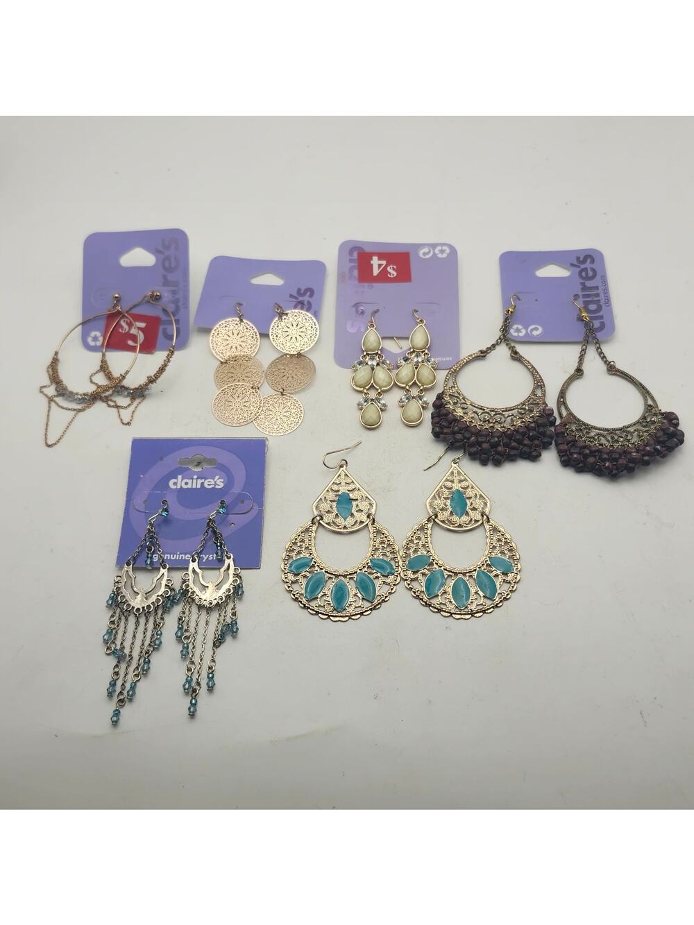 Claire's Earrings Lot Boho Chandelier Hoop Dangle Crystal Beaded Gold Silver 6Pr